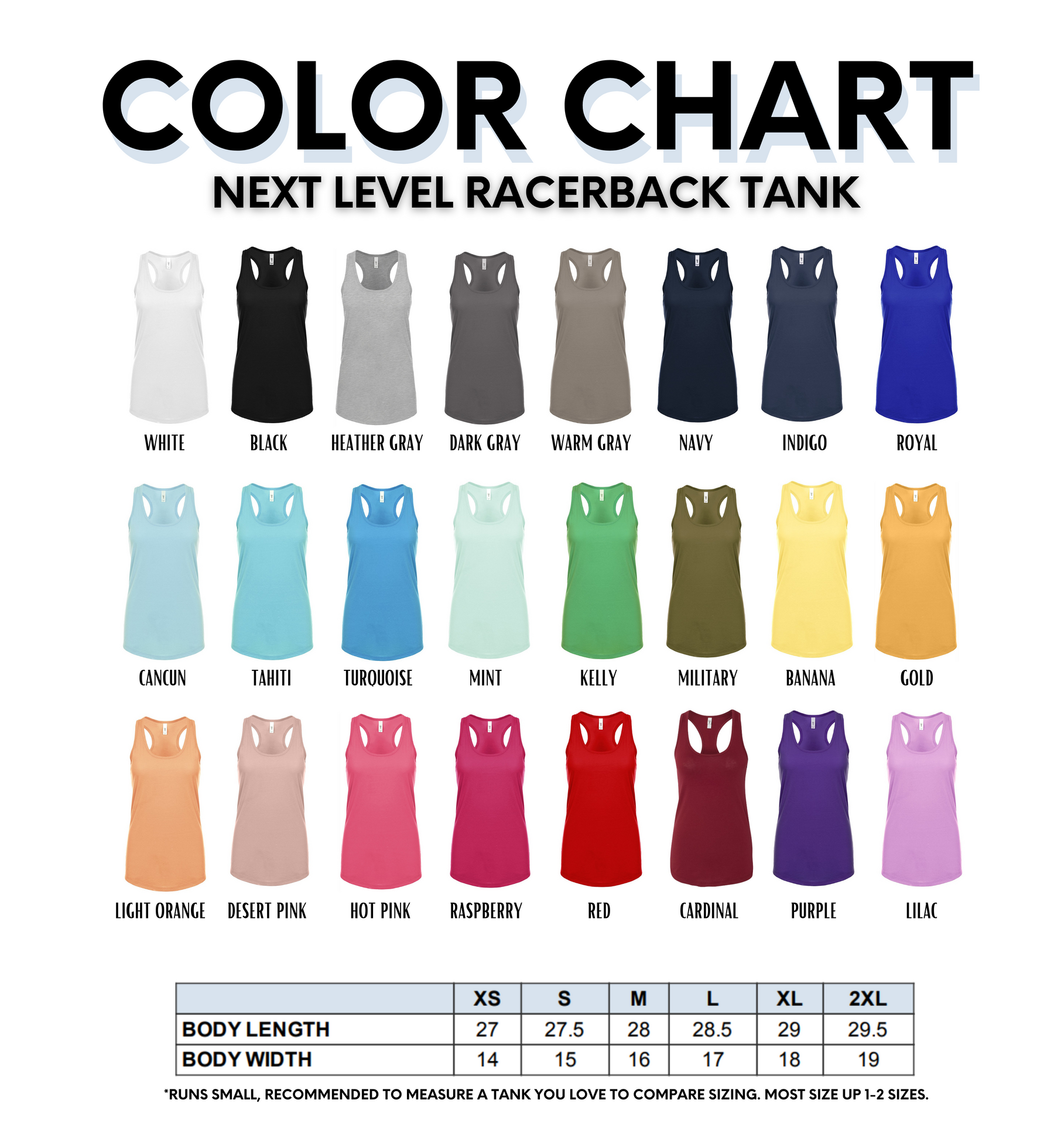 the color chart for a women's racer tank