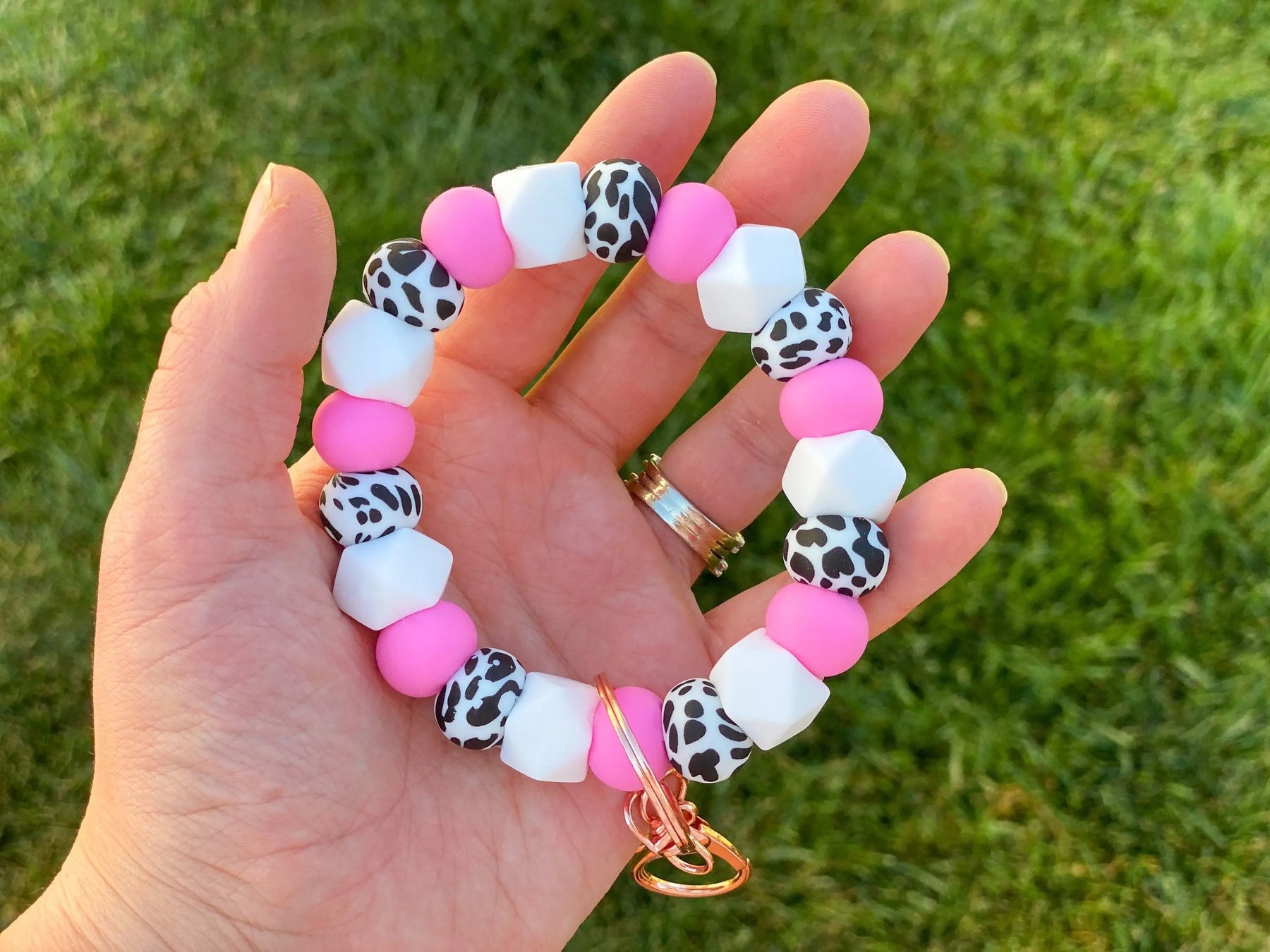 COTTON CANDY PINK COW PRINT KEYCHAIN WRISTLET- SILVER Rose with Grace LLC