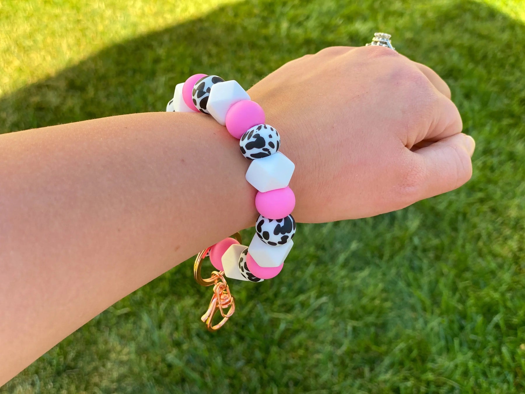 COTTON CANDY PINK COW PRINT KEYCHAIN WRISTLET- SILVER Rose with Grace LLC