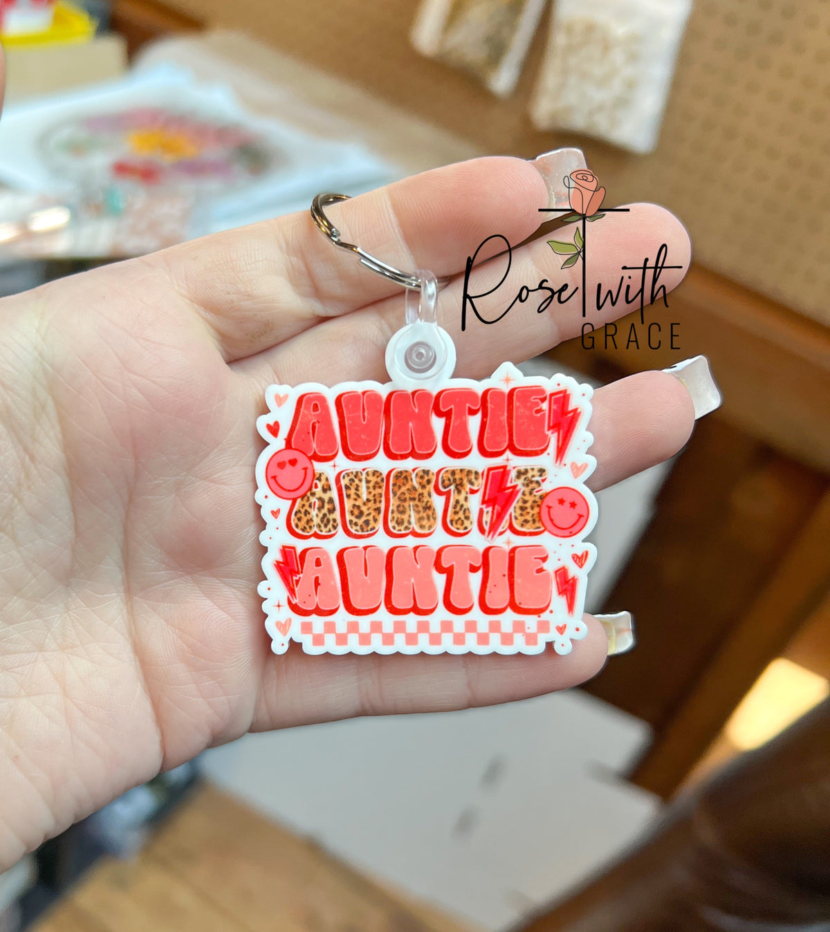 Auntie & Fur Mama Acrylic Keychains Rose with Grace LLC