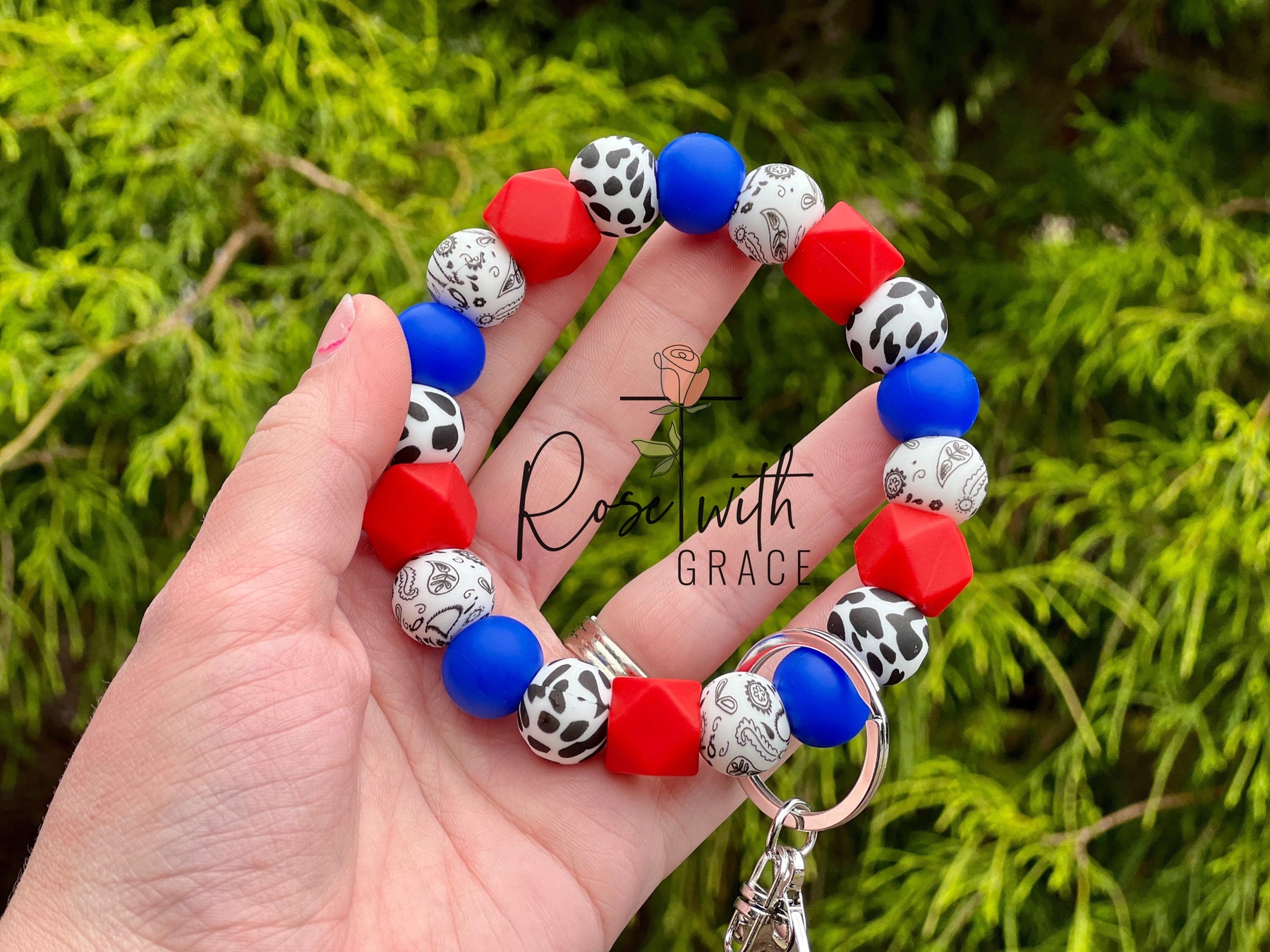 Red, White & Moo - Keychain Wristlet Rose with Grace LLC