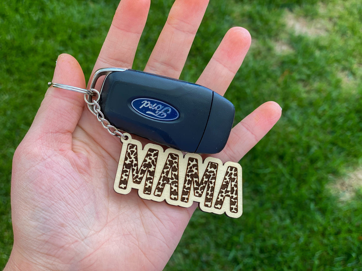 ENGRAVED COW PRINT MAMA WOODEN KEYCHAIN Rose with Grace LLC
