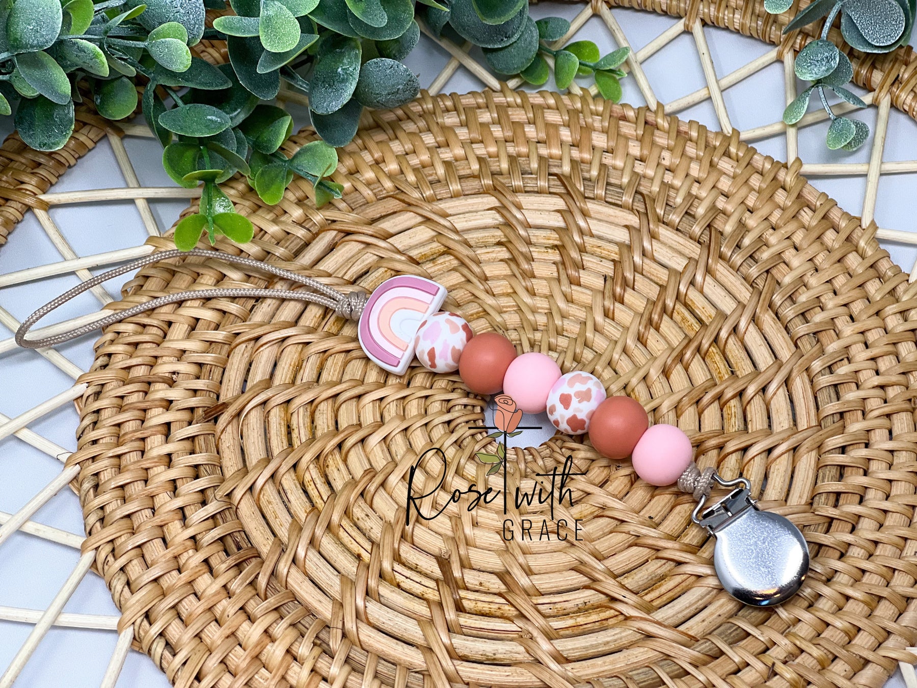 RAINBOW OVER THE PASTURE PACIFIER CLIP Rose with Grace LLC
