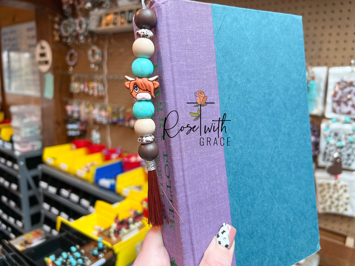 Highland Cow Turquoise Bookmark Rose with Grace LLC