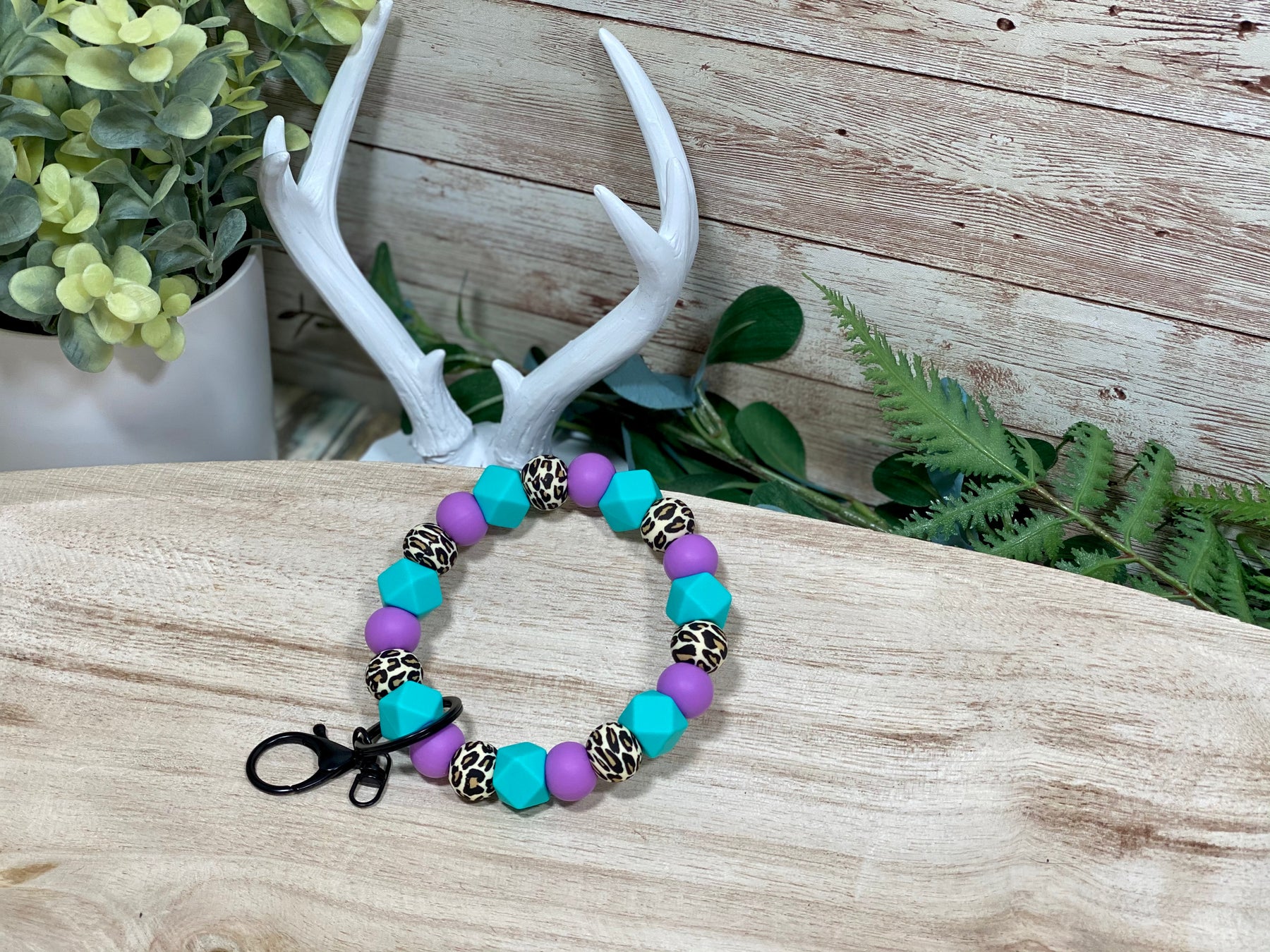 TURQUOISE HEX LAVENDER LEOPARD KEYCHAIN WRISTLET- silver Rose with Grace LLC