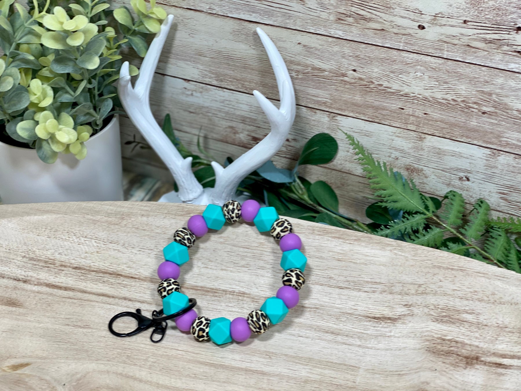 TURQUOISE HEX LAVENDER LEOPARD KEYCHAIN WRISTLET- silver Rose with Grace LLC