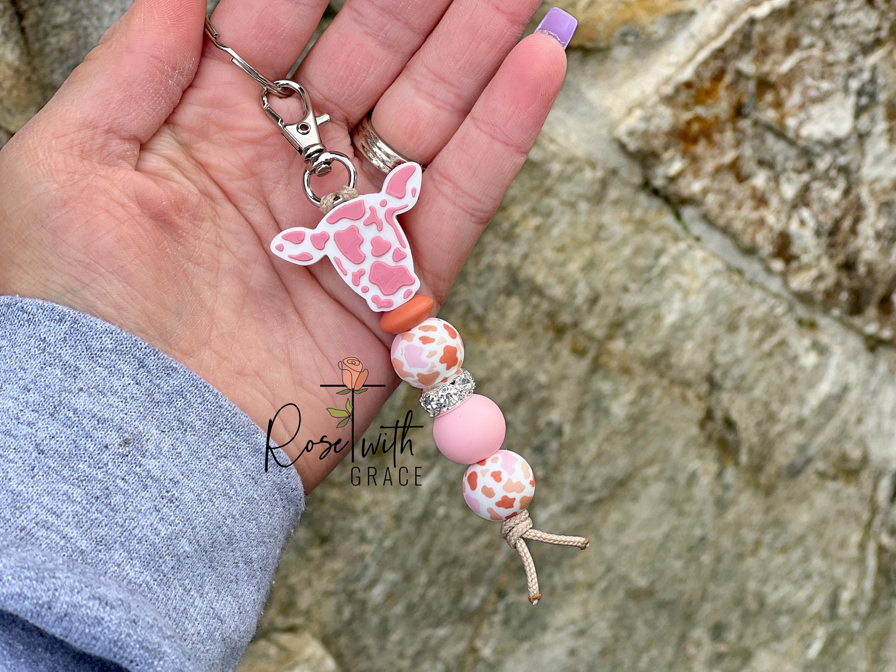 Pink Boho Cow Mini Keychain Rose with Grace LLC